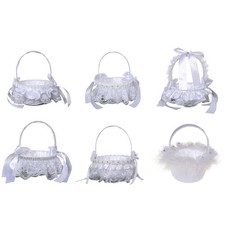 Flower Girl Basket White Satin Baskets with Lace Faux Flowers Bows Pearls Decor