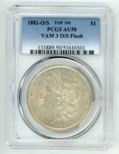 1882 O/S Top 100 VAM-3 O/S Flush Morgan Silver Dollar PCGS AU50