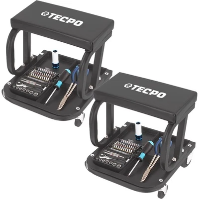 2x TECPO WERKSTATTHOCKER ROLLBRETT MIT WERKZEUG ABLAGE WERKSTATT ROLLSITZ KFZ