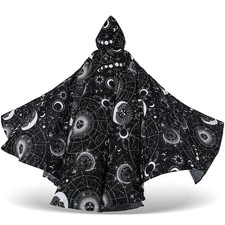 Halloween Adult Wizard Costume Black Celestial Cape Stars Witch Hooded Robe C...