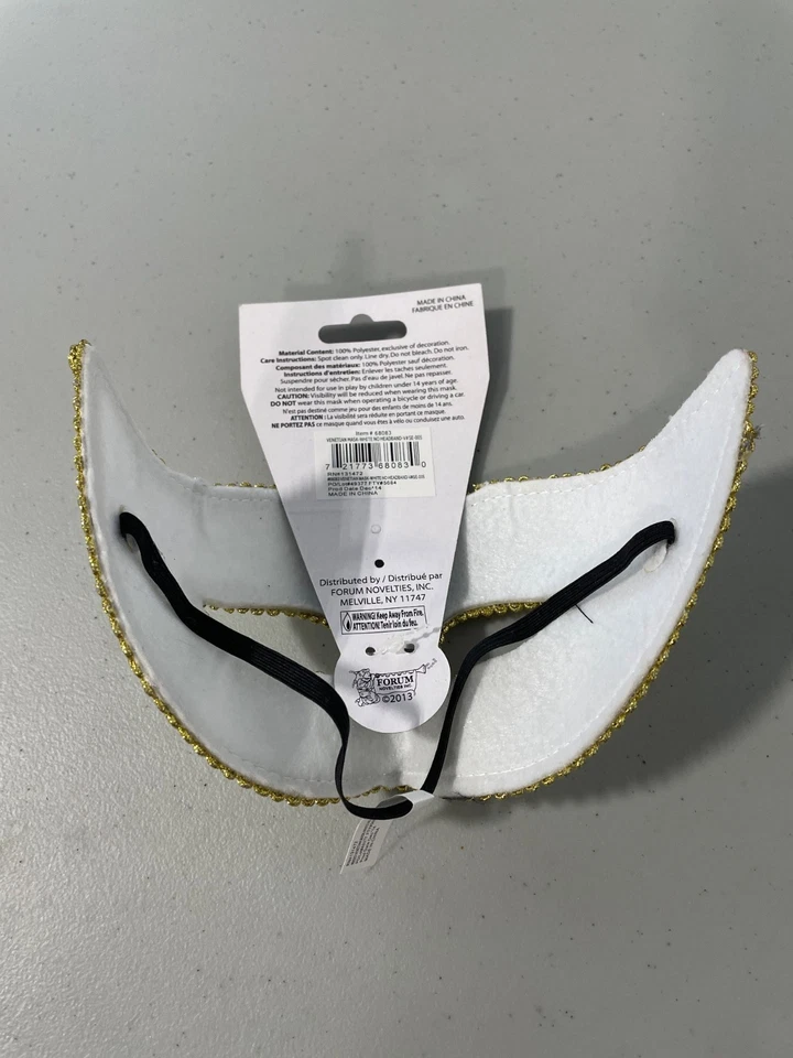 Venetian Decorative Mask Forum Novelties Elastic Strap White Gold Trim Party NEW - Image 3 of 4