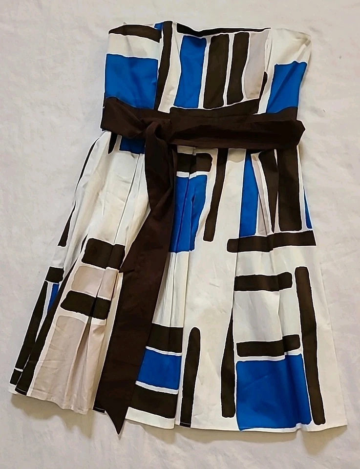 A.P.N.Y. Strapless Fit & Flare Dress White Blue Brown Womens Size 14 - Image 3 of 4