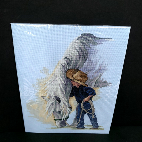 Completed Finished Cross Stitch Boy With Horse Cowboy Hat Farm Cottage Unframed - Picture 8 of 9