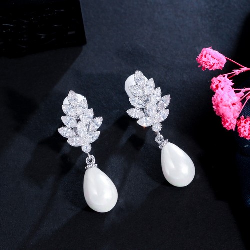 Elegante Circonita cúbica Sin Agujeros Diseñador Hoja Perla Gota Oreja Clip Pendientes Sin Piercing Pendientes - Imagen 12 de 13