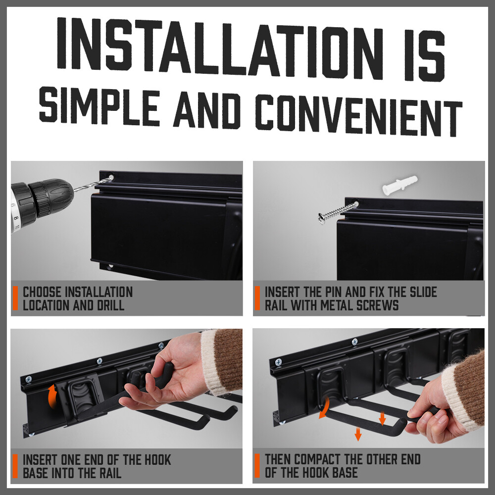 Heavy Duty Wall Mounted Hook Rail Set Garden Tool Storage Rack Garage