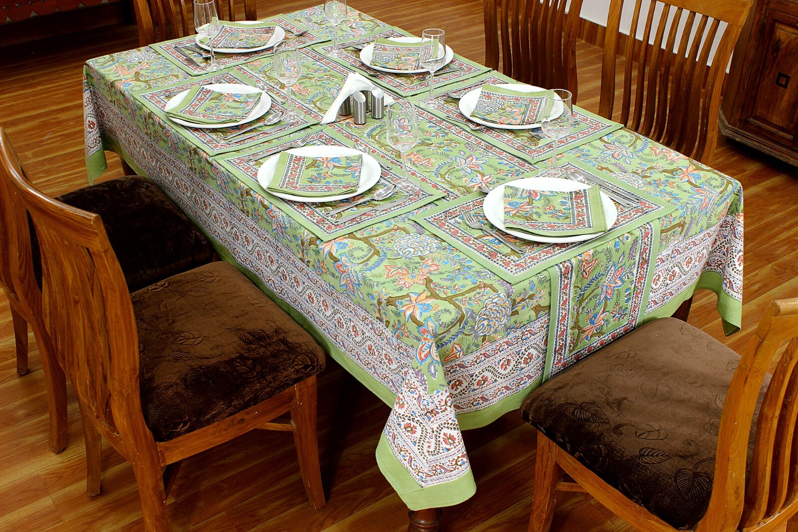 Green Red Cotton Dining Tablecloth with Hand Block Floral Print