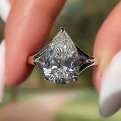 Verlobungsring 2,92 kt Moissanit im Birnenschliff verschüttet Schaft in 14 K Weißgold plattiert