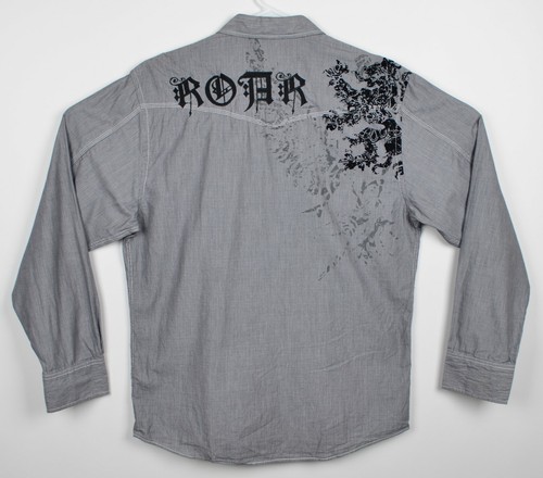 Roar Para Hombre Talla Grande Bordado León Gris a Rayas Manga Larga Camiseta  de riesgo | eBay