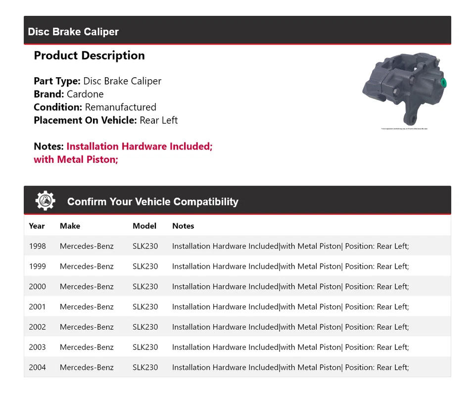 Pinza de freno de disco trasera izquierda cardone 1999 para Mercedes-Benz SLK230 1998-2004 Foto 2 de 4