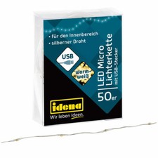 Idena 50er LED Micro Lichterkette warmwei&szlig; f&uuml;r innen USB-Stecker silberner Draht