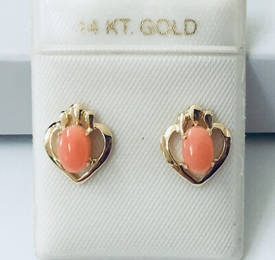 Kleine massive 14K Gelbgold echte natürliche ovale rosa Koralle Ohrstecker NEU
