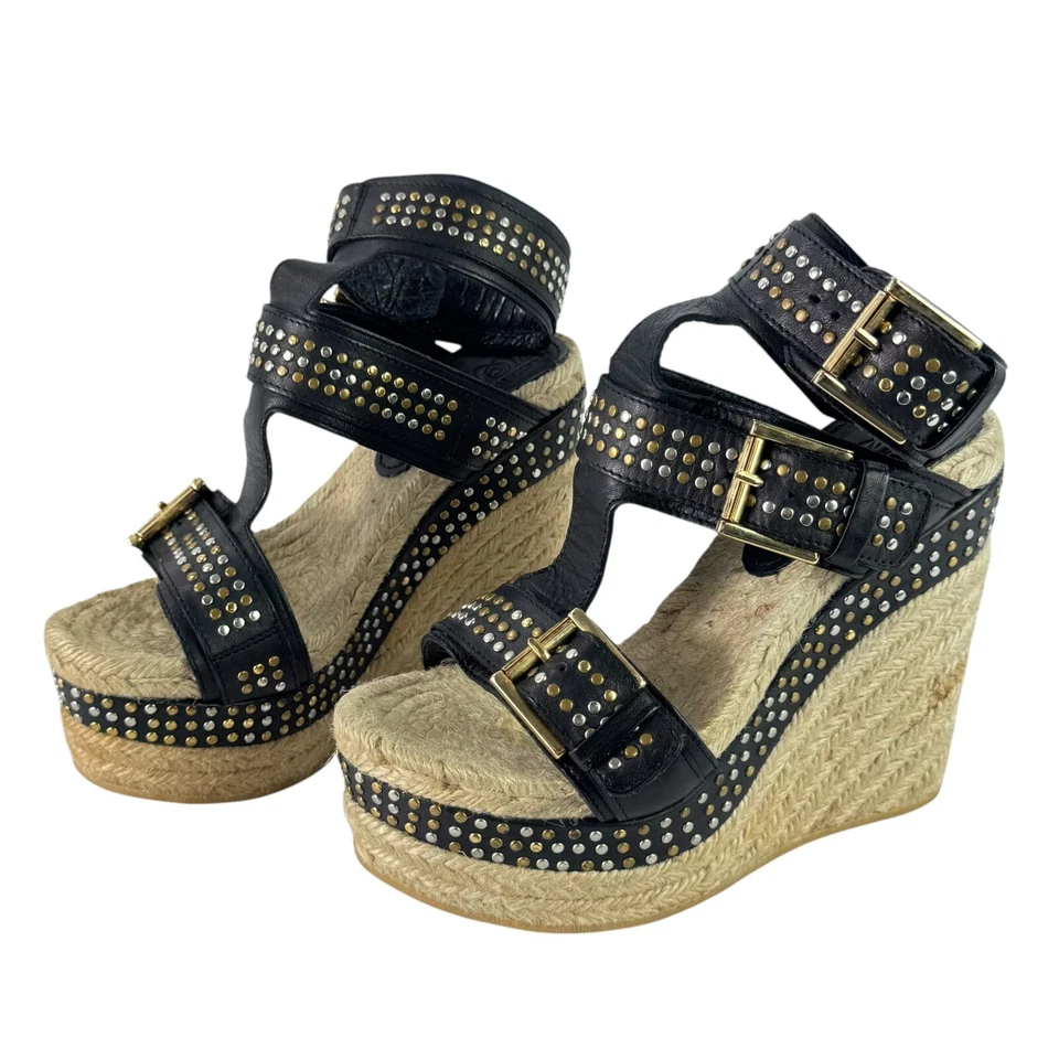 Alpargatas de cuña ALEXANDER MCQUEEN de cuero negro con tachuelas hechas en Italia 35-5 EE. UU. Foto 3 de 4