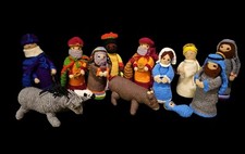 HAND MADE Christmas Nativity Crocheted Knitted Mary Joseph 13pc Set Vintage