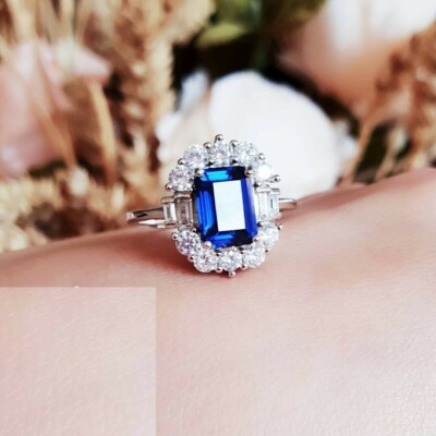 Blue Emerald Cut Cubic Zirconia Halo Anniversary Gift 925 Sterling Silver Ring