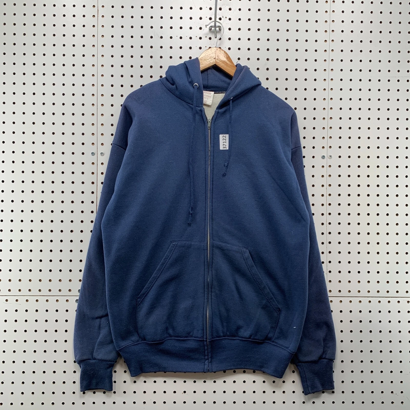 Vintage 80s Blue Hoodie Zip Sweatshirt Mens XL Thermal Lined Drawstring USA