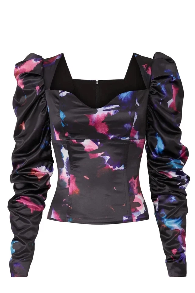 Badgley Mischka Rent the Runway Printed Bustier Top Satin Black in 0 2 4 6 8 - Image 3 of 4