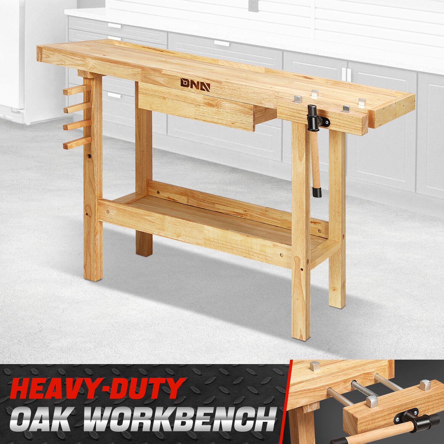 Массивный дубовый рабочий стол-верстак размером 50 x 20 см с выдвижным ящиком и регулируемой ручкой 38090₽