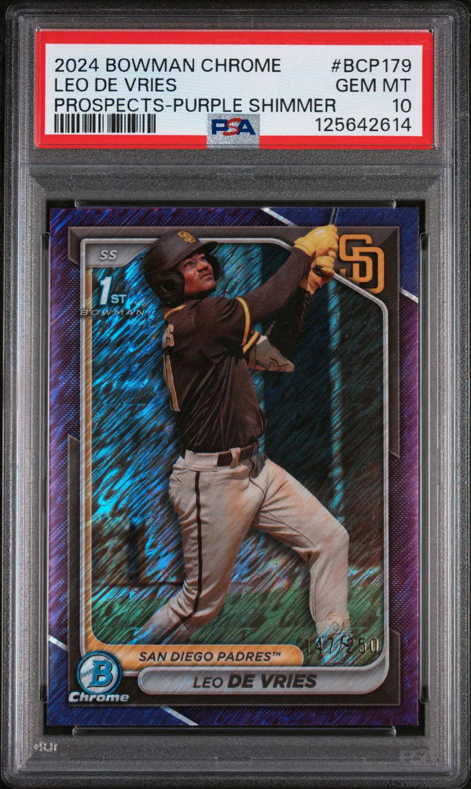 Leo De Vries 2024 Bowman Chrome Prospects #BCP179 Purple Shimmer /250 RC PSA 10