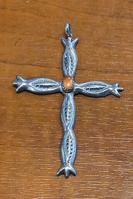 Vintage Native American Navajo Sterling Silver & Coral Sandcast Cross Pendant