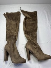 Women  s Taupe Over The Knee Heeled Boots Size 8 Slouchy Block Heel Zip