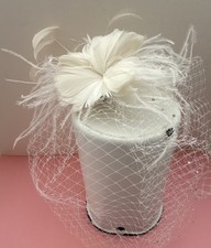 Birdcage Veil with Crystals  Ivory feather Flower clip  Pearl/Silver Hair Pin