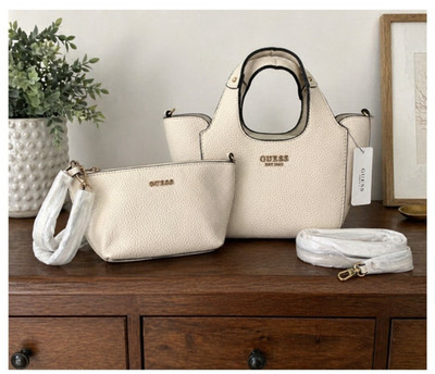 Guess Bone Pebbled Tote Bag Set w/ Pouch & Strap Gold Hardware NWT