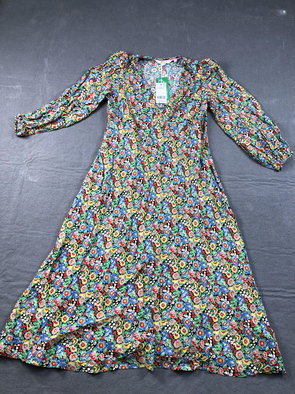Boden Dress Womens 6P Multicolor Floral V Neck Puff Sleeve Midi Fit Flare NWT