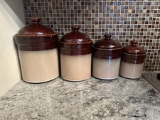Sango Canister 4933  4pc Earthenware W/Lids/Seals Storage Crocks Nova Brown