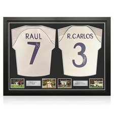 Raul & Roberto Carlos Signed Real Madrid 1999-00 Home Shirts. Dual Frame