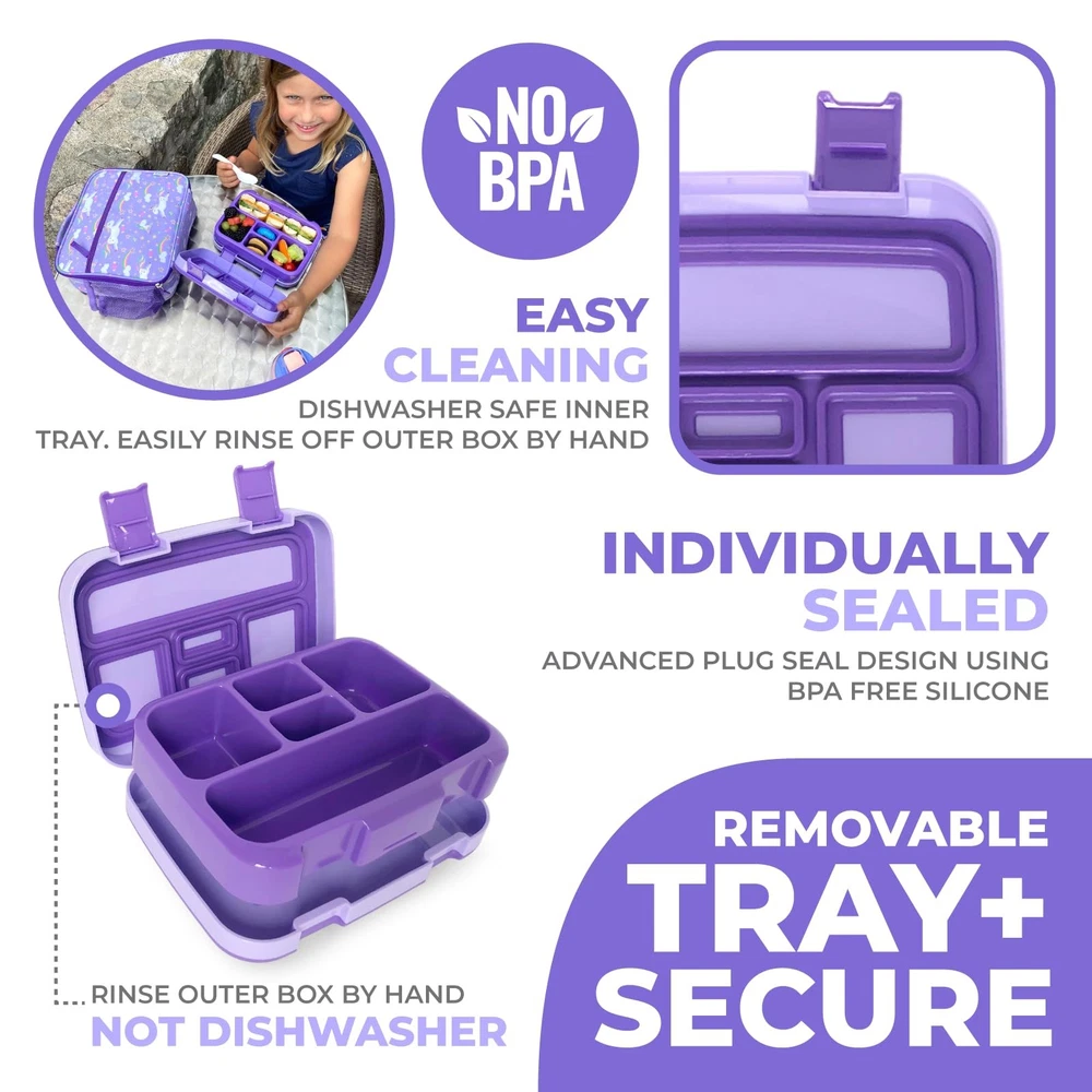 Insulated Kids Bento Box Lunch Set with Ice Pack & Water Bottle - 5 Compartments