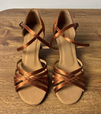 Women's Dark Tan Satin Salsa Ballroom Latin Dance Shoes Heel Very Fine Size 7.5