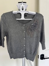 Express Grey Cropped Button-Up Sweater Flower Crystal Buttons XS
