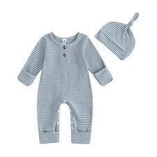 Newborn Baby Boy Romper Stripe Jumpsuit with Hat Coming Home Outfit Infant Fa...