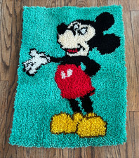 Vintage 60s 70s MCM Mickey Mouse Latch Hook Rug Art Disney Shag Wall Hanging 27"