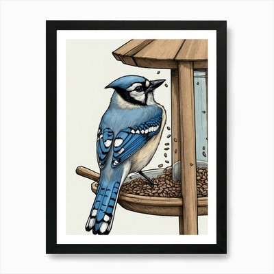 Blue Jay Vogelfutterhaus Kunstdruck gerahmtes Wandbild Poster Leinwanddruck Bild