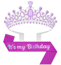 Birthday Tiara and Crown with Sash, Birthday Tiara for Women Party Purple 