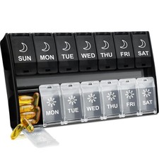 XL Large Pill Organizer 2 Times a Day, Weekly Am Pm Box with Black-white