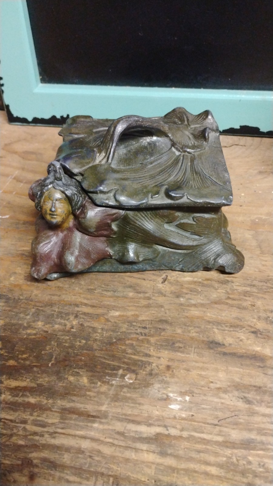 antique art nouveau bronze lady embossed  Jewelry Trinket container
