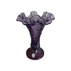 Fenton Purple Amethyst Glass Embossed Daffodils 7" Vase Double Crimp Ruffled Rim