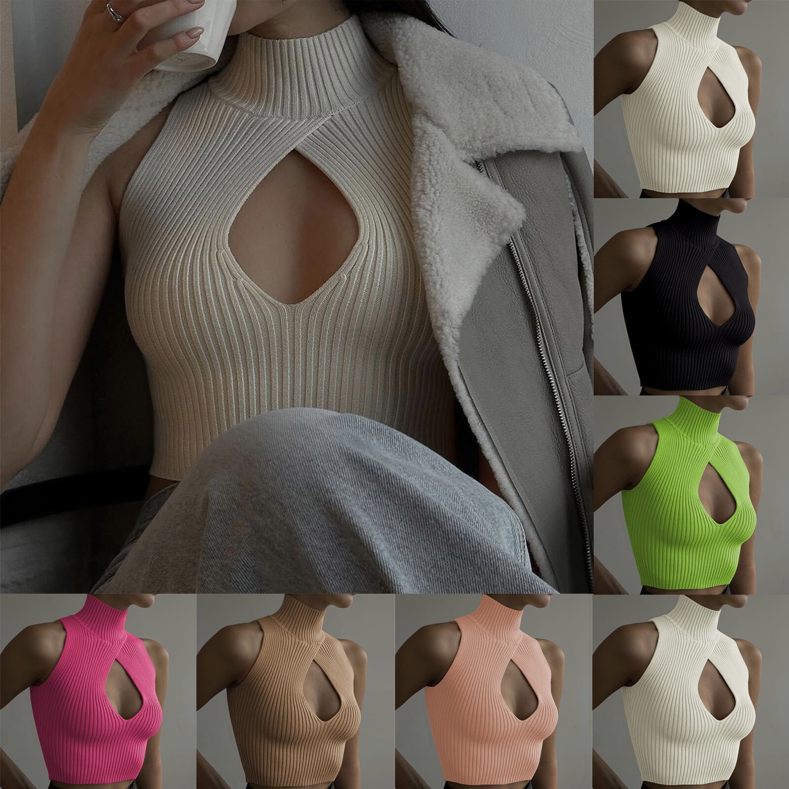 Women Summer Sexy Sleeveless Vest Shirt Hollow Out High Neck Knitted Cropped Top