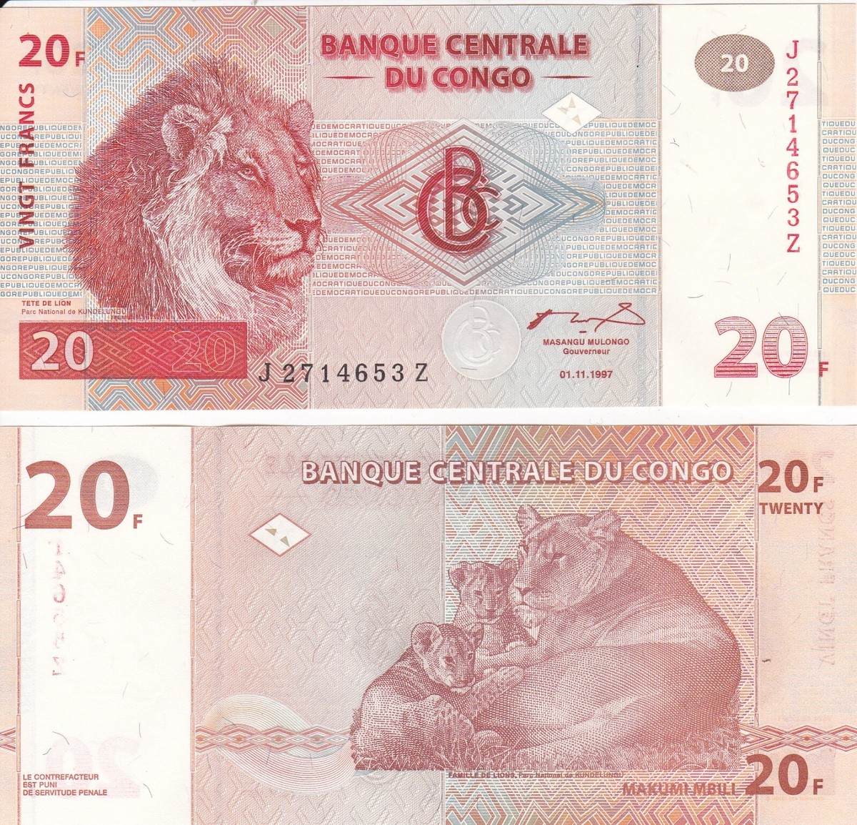 Congo 20 Franks 1997 Prefix J-Z Replacement P88a UNC | eBay