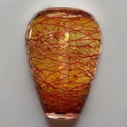 Vtg Hand blown Amber Orange Red Threaded Murano Glass Vase By Fulvio Bianconi