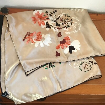 Estate Aker Signed Light & Dark Brown w Orange Flowers Silk Women s Neck Scarf  