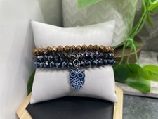 3 PC Handmade Beaded Boho 6.5  Plus Stretch Charm Bracelet Owl B5050