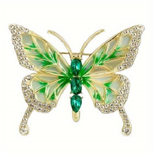 Broche Papillon En Métal Doré Avec Opale Blanche Et Pierre Verte - Bijou Fantaisie Neuf