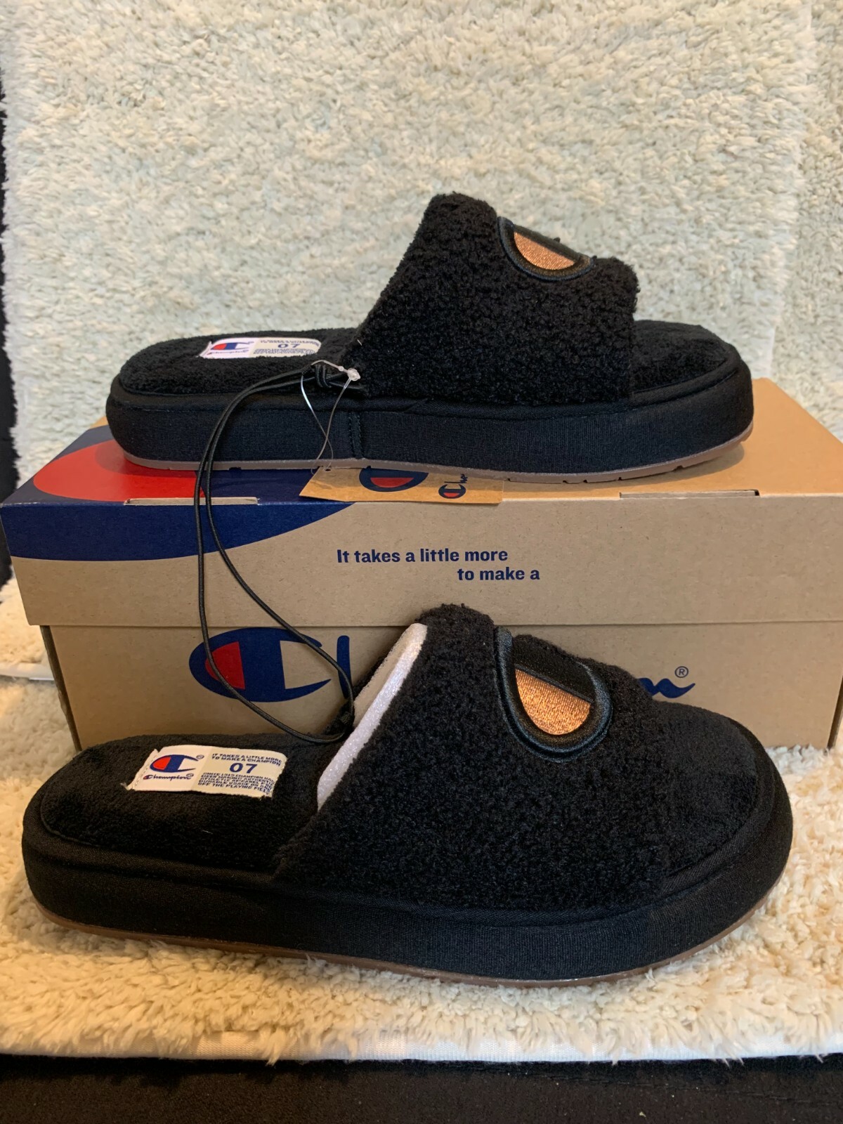 PANTOFOLA D’ORO Originals Champion plush cozy womens slippers sandals black gol NWT sz 6 7 8