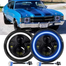 Pair 7" Round LED Blue Halo Headlights Hi/Lo Fit Chevy Chevelle 1971 1972 1973