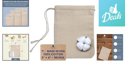 50-Pack Cotton Muslin Drawstring Bags – 3x4 Inch, Unbleached, Reusable For Herbs, Spices, Bath Sachets & Crafts