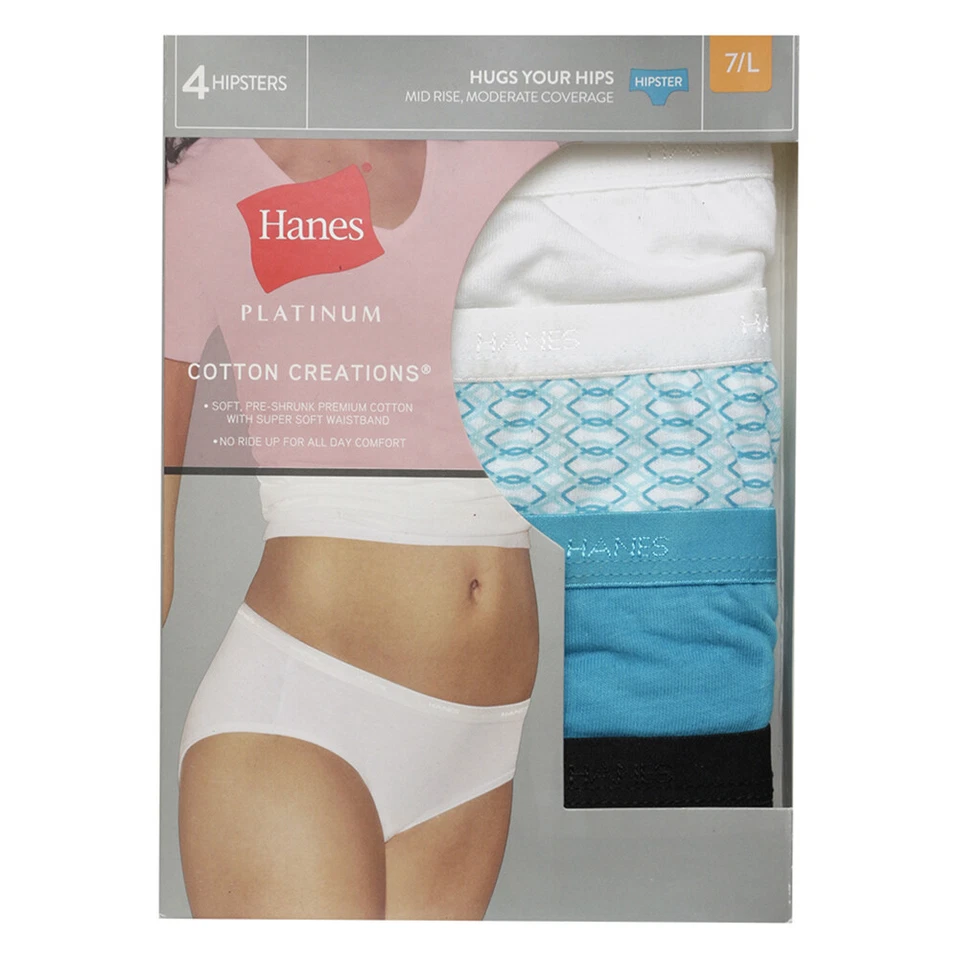 Hanes Women's 4 Pack Platinum Mid Rise Moderate Coverage Hipsters Teal Blk Wh L