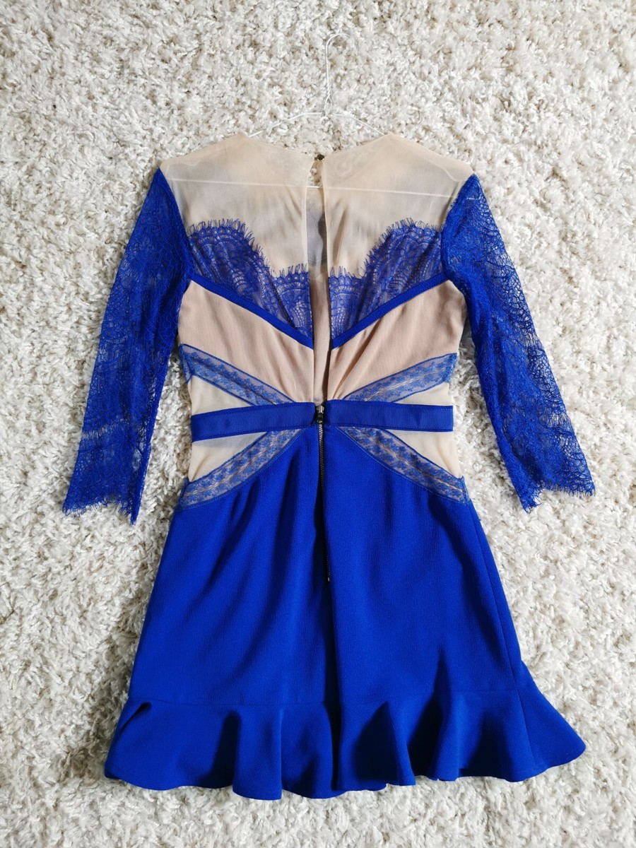 Three Floor Cobalt Blue Lace Mini Dress with Peplum Hem UK6 Three Floor Cobalt Blue Lace Mini Dress with Peplum Hem UK6